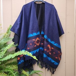 Western Wrap Serape Reversible Blue Black Handmade Wool Blend Aztec Poncho Shawl